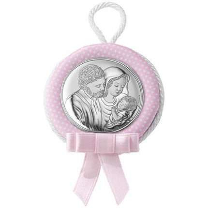 Medaglione culla S. Famiglia rosa con carillon Valenti Argenti