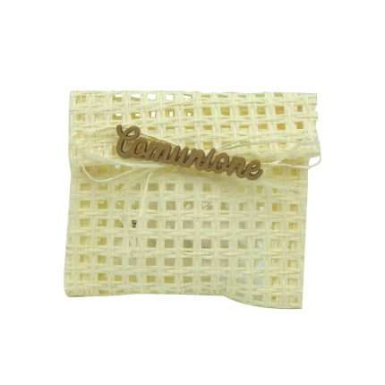 Bomboniera Comunione bustina in iuta con scritta in legno